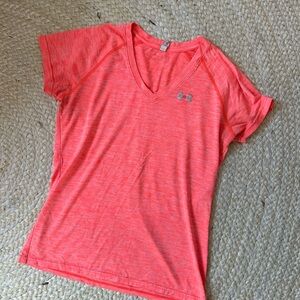 Womens under armor neon orange tee shirt S v neck athletic top